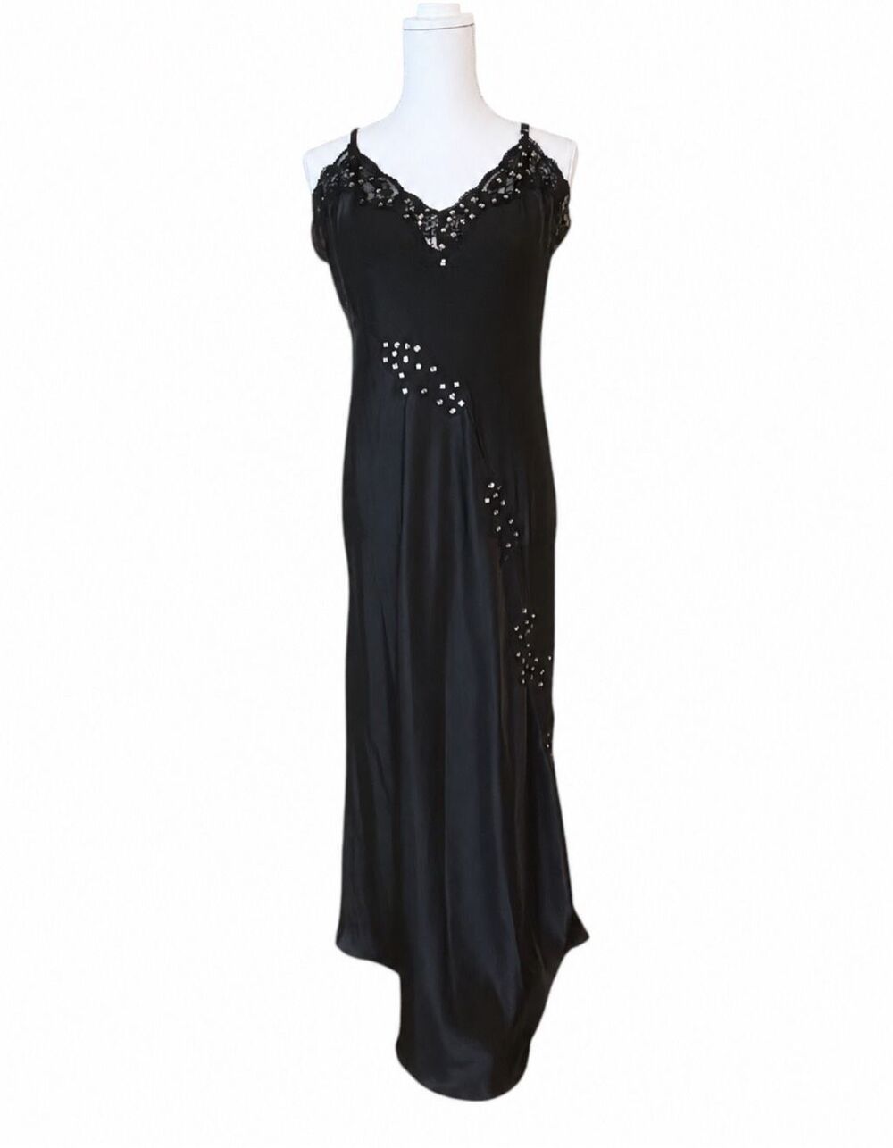 ASHRO Black Sheer Lace & Sequin Maxi Dress Y2K Gothic Glam / Lingerie-Inspired